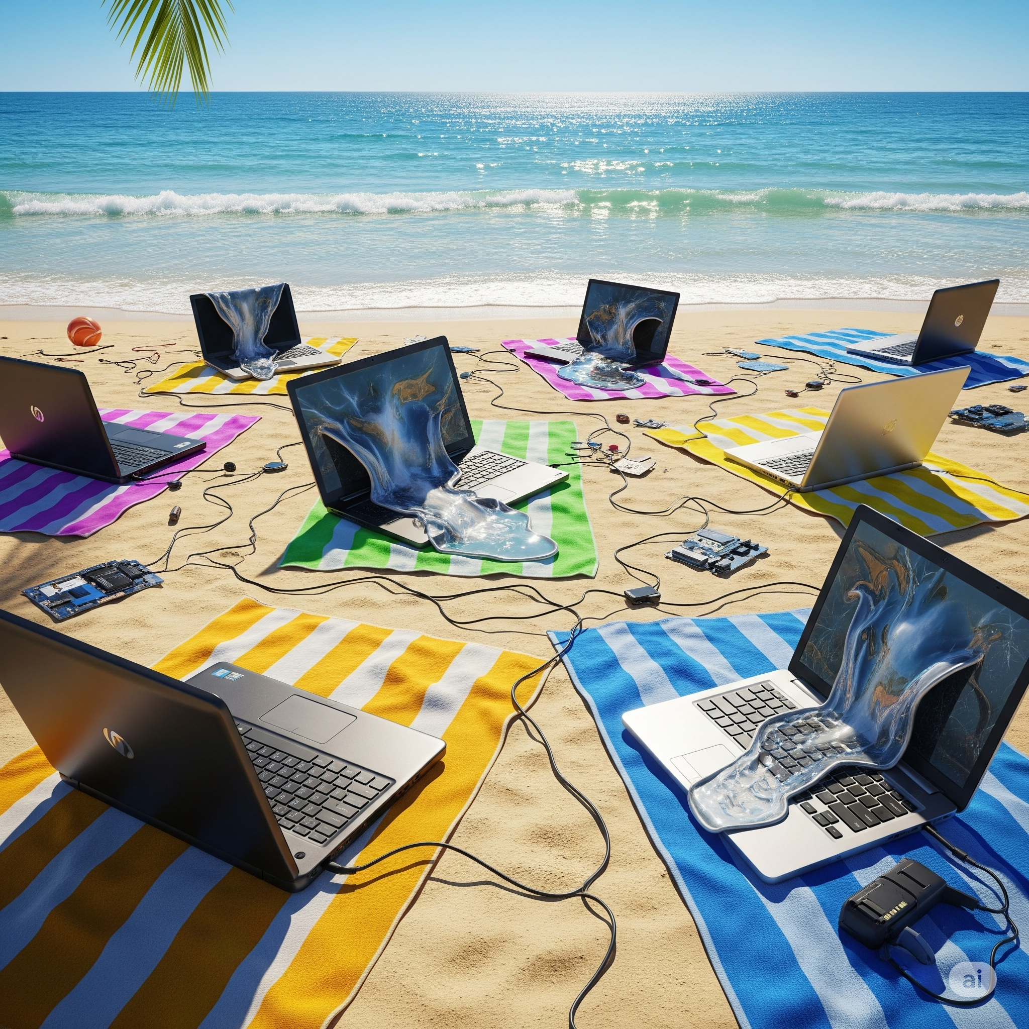 Smeltende laptops op het zand